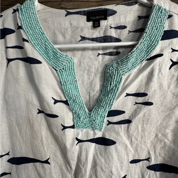 Talbots White and Blue Fish Print Dress Sundress - Picture 2 of 8